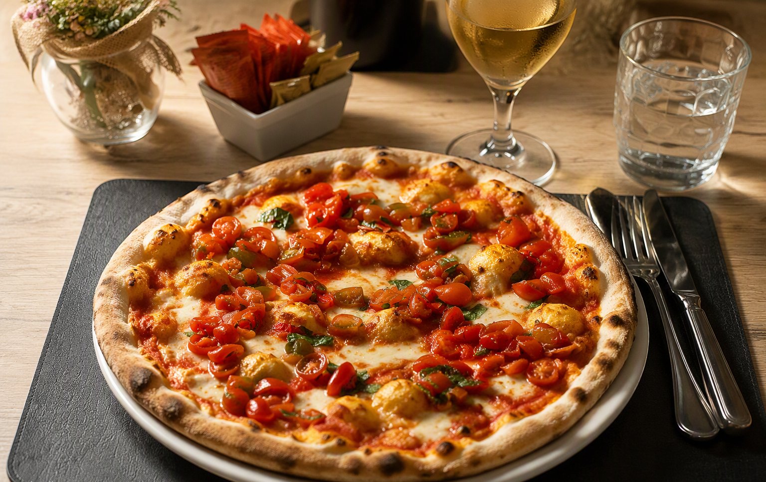 La pizza con pomodorini e erbe fresche