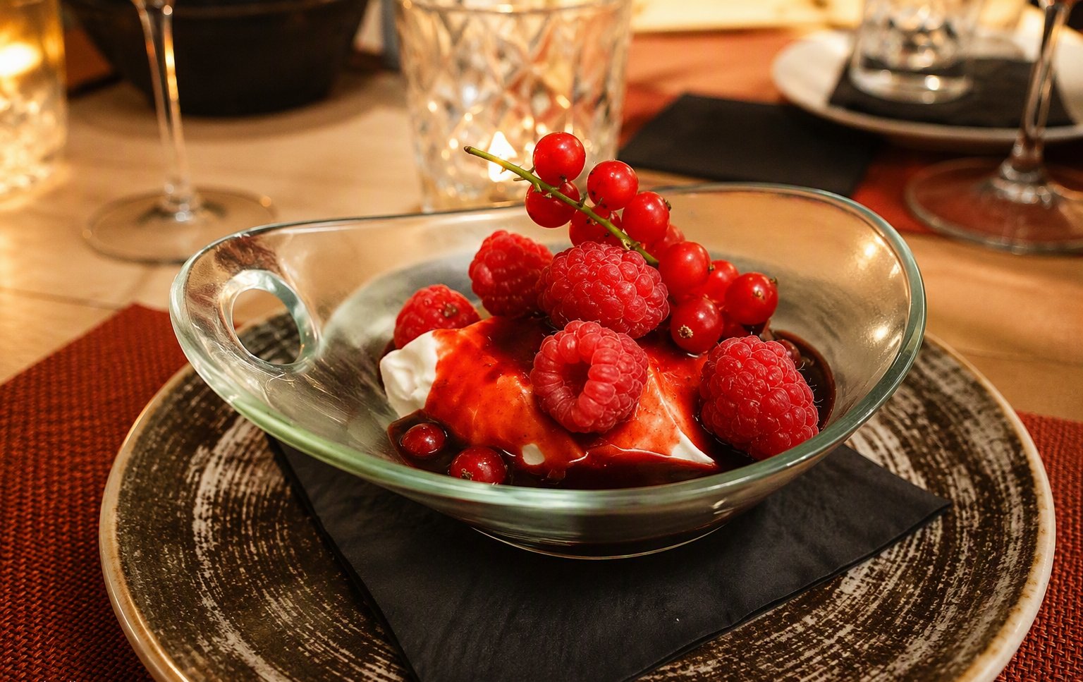 Il dolce al bicchiere con lamponi e ribes